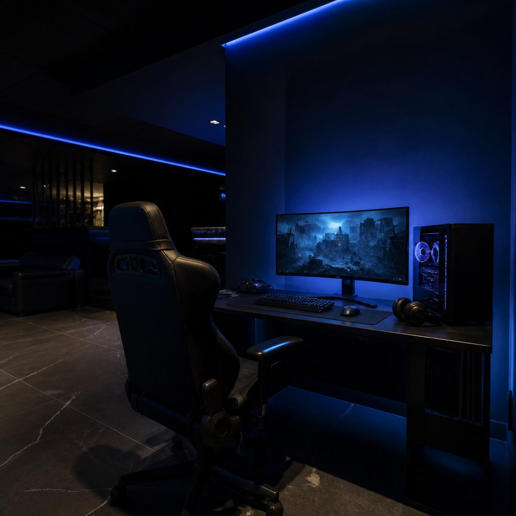 A gaming station deep in the room under even, low indigo light