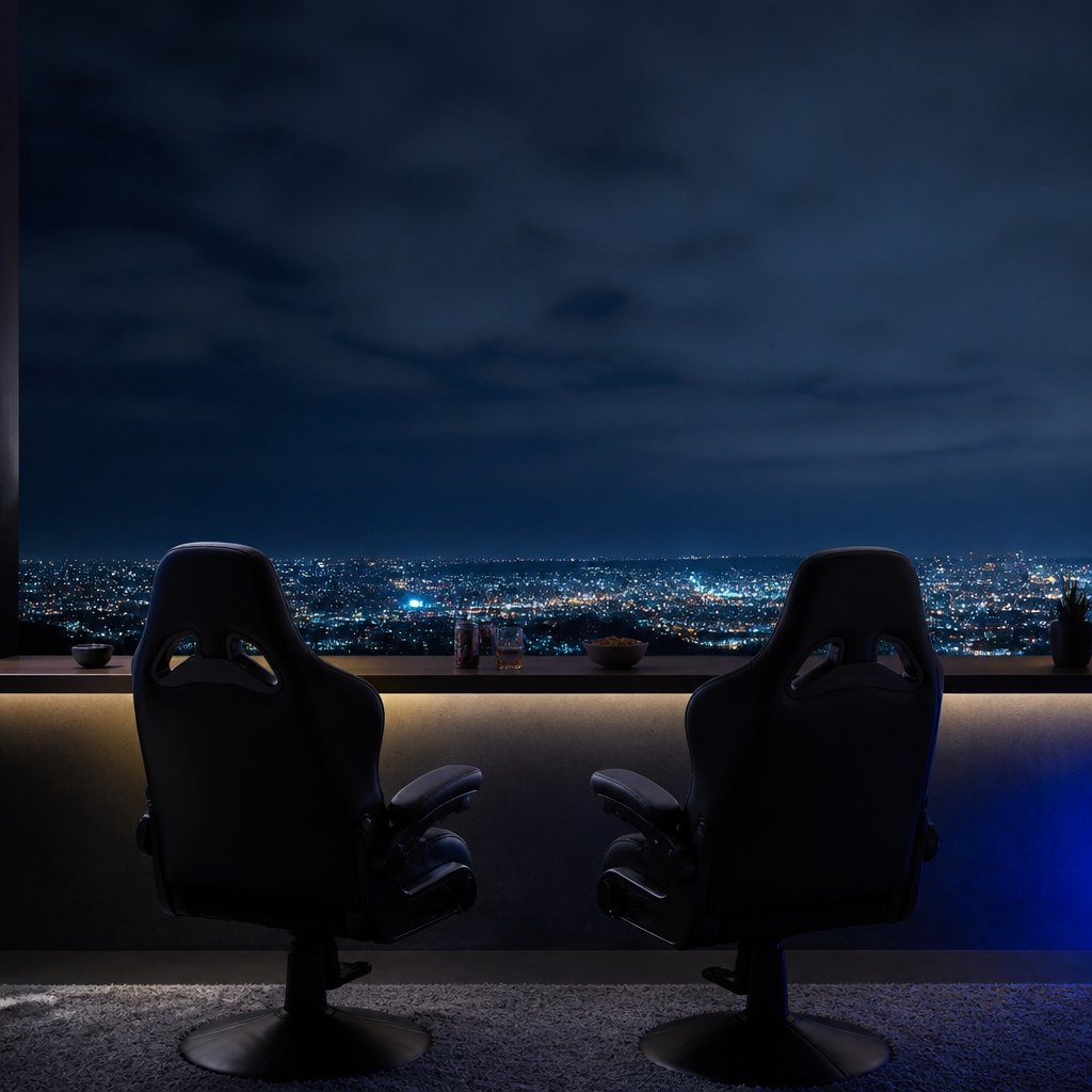 Two paired gaming seats at the widest window ledge with the night sky beyond