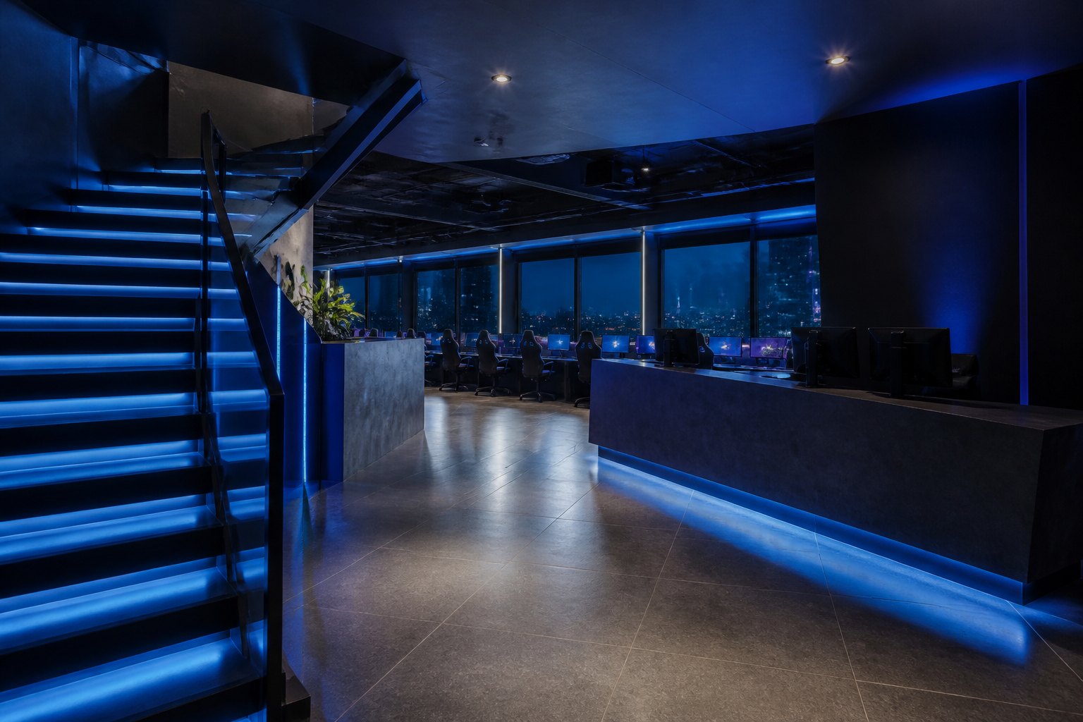 Entrance and front desk of the PIXEL BARRACKS gaming club
