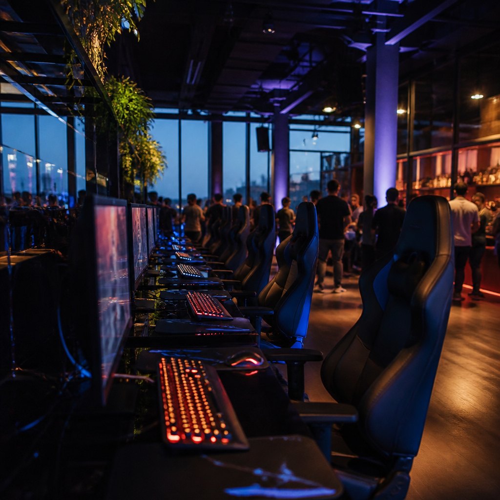 Row of gaming stations glowing softly against a dark night window