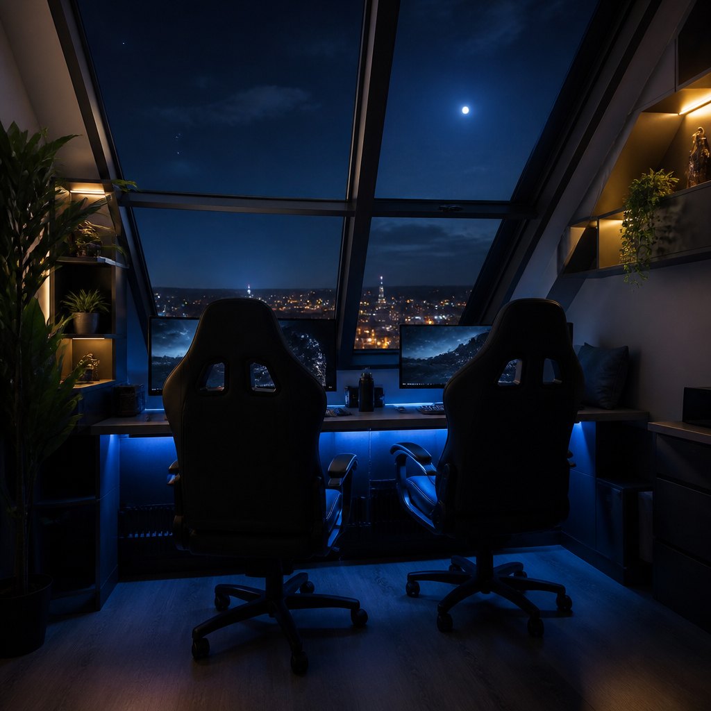 Close view of a keyboard and monitor at a station under low night light