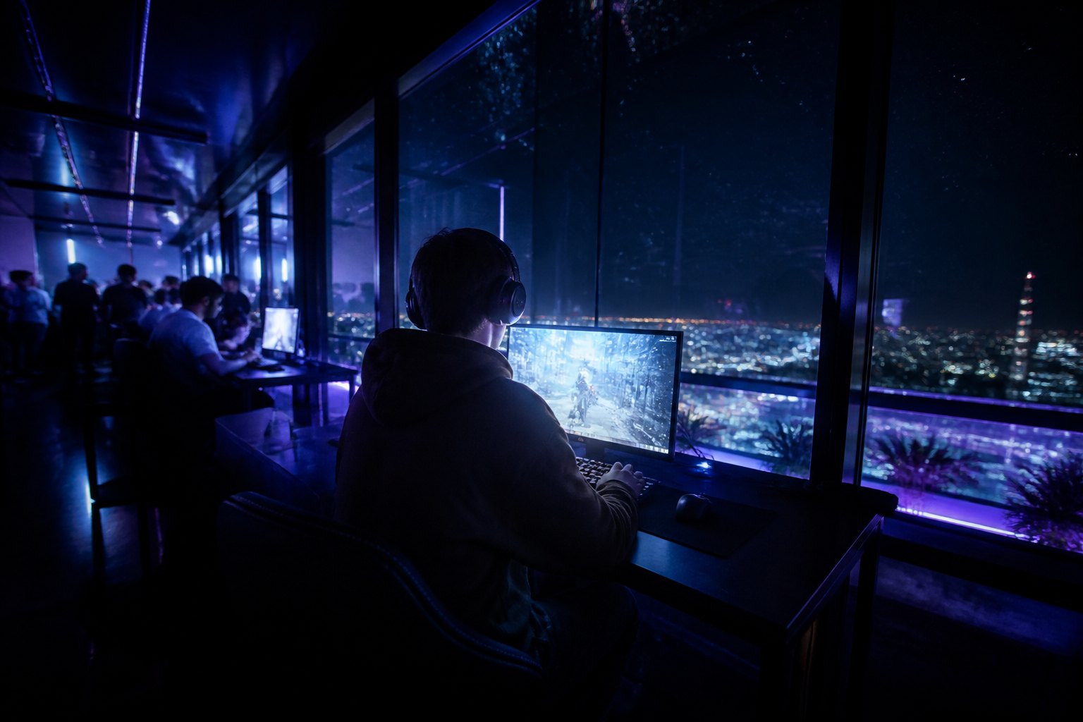Young player in headphones focused on a game mid-session at a station